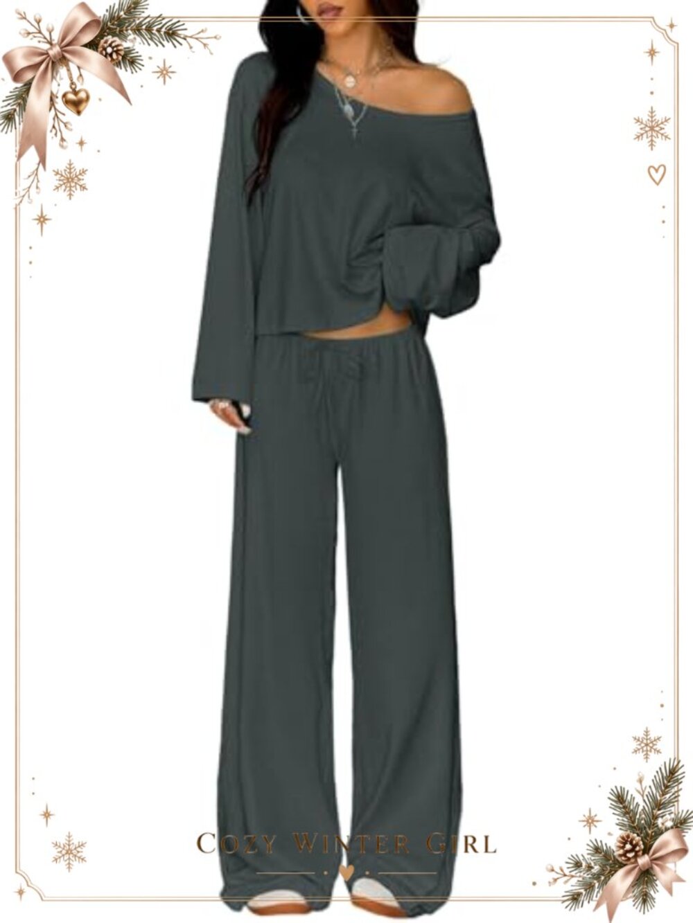 Women's 2-Piece Lounge Set Long Sleeve Top Wide Leg Pants Soft Brushed Knit